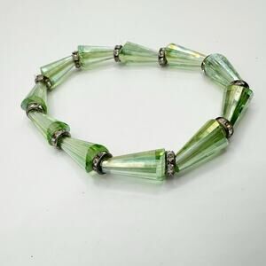 Green stretch beaded bracelet teardrop glass beads Art Deco Retro CZ Rhinestone